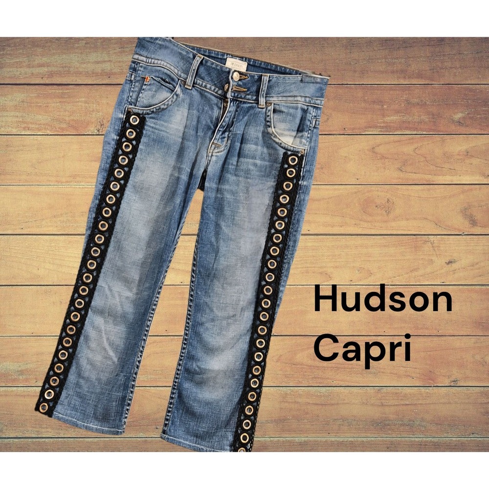 Hudson Jeans Womens 25 Low Rise Straight Grommet Side Detail Capri Biker Blue